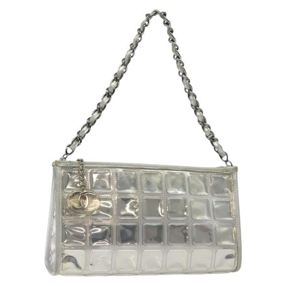 CHANEL Choco Bar Chain Shoulder Bag Enamel Silver CC Auth 130944 - Picture 1 of 16